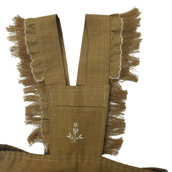 Handmade Embroidered Girls Pinafore Dress Fringe Brown Tan White Boho Prairie - Picture 8 of 10